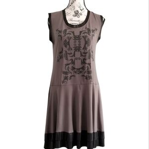 We Love Grey and Black Drop Waist Baroque Print Dress Faux Leather Trim Size L